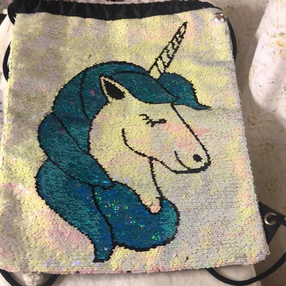 Pink and turquoise iridescent Unicorn Magic sequin backpack. - Picture 3 of 8